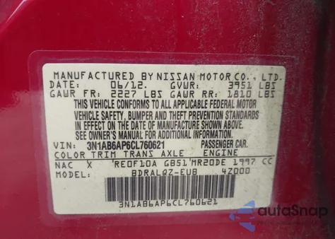 2012 Nissan Sentra 2.0 z USA, uszkodzony, nr VIN 3N1AB6AP6CL760621